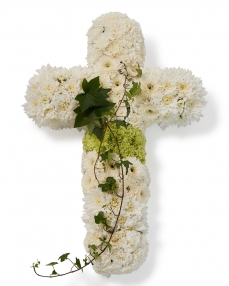 Funeral cross with chrysants and dianthus