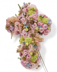 Funeral cross with lisianthus and astilbe